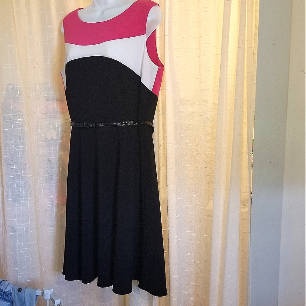 Calvin Klein Colorblock Midi Dress in Pink, White, and Black